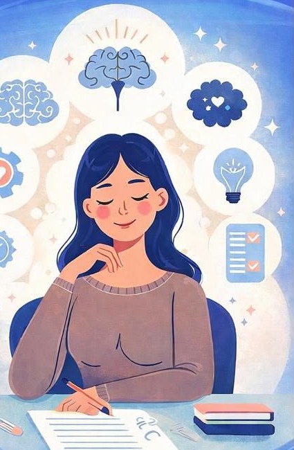 Ilustração de uma mulher serena escrevendo, cercada de balões com cérebro, coração e lâmpada
